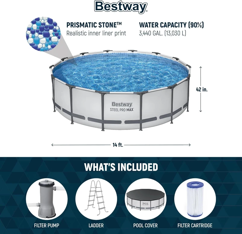 Bestway Steel Pro MAX 14' x 42"" Round Above-Ground Pool Set — Metal Frame Family Pool with Filter Pump, Ladder & Cover, Gray
