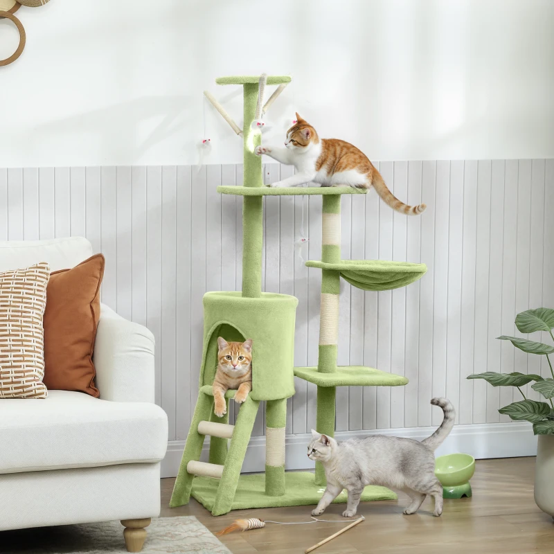PawHut 53" Cat Tree Tower, Kitten Activity Centre with Scratching Posts, Condo, Perches, Ladder, Hammock, Dangling Toys, Green