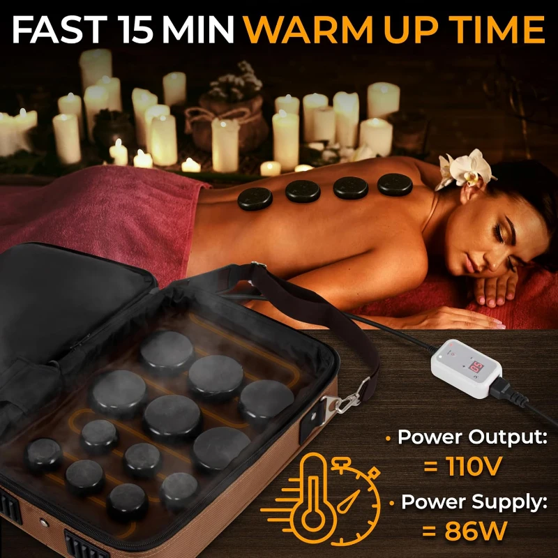 SereneLife Portable Heated Stone Massage Kit — Electric Hot Stone Warmer with 6 Large & 6 Small Natural Basalt Rocks and Digital Controller