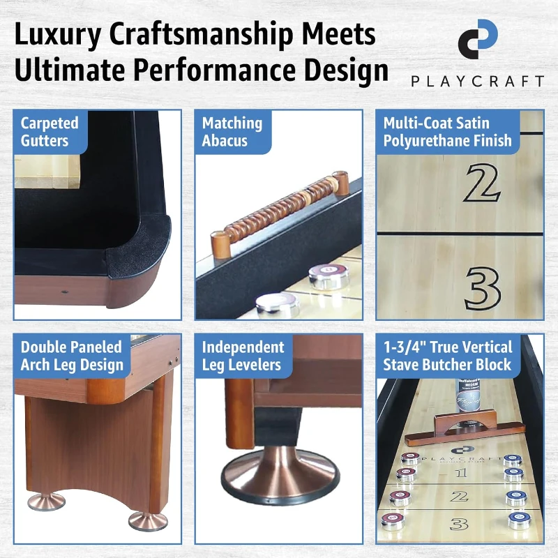 Playcraft Woodbridge Shuffleboard Table w/ In-Leg Storage Cabinet — Complete Set (Abacus, 8 Pucks, Brush & USA Speed Wax) — Pro-Style Climate Adjusters