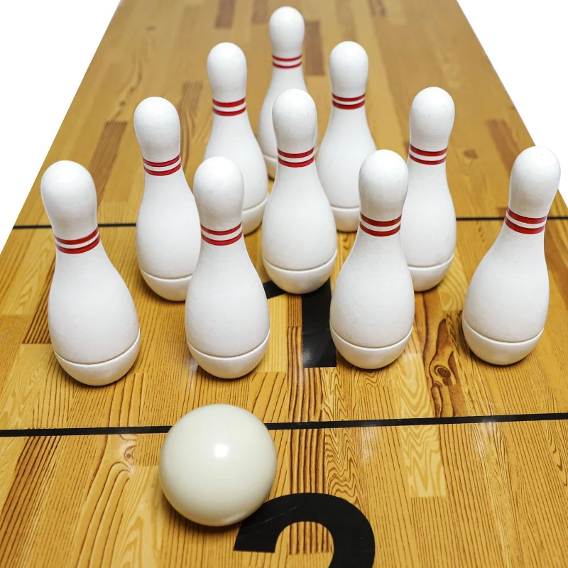 Shuffleboard Bowling Set - 10 Premium Hardwood Pins with Durable Triangular Pinsetter, Resin Bowling Ball and Carry Bag for Shuffleboard Games