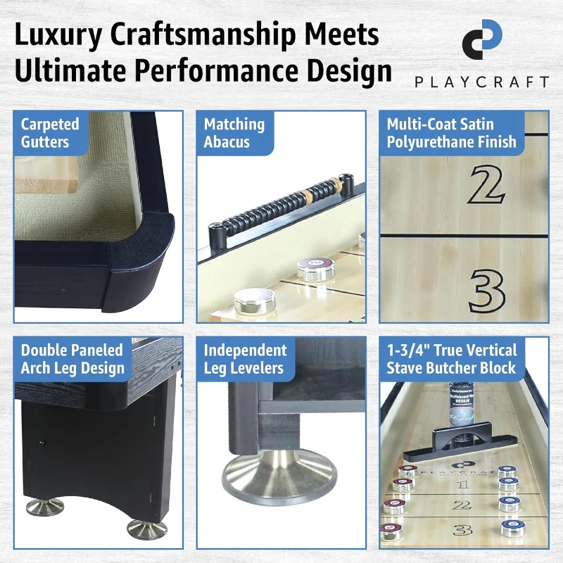 Playcraft Woodbridge Shuffleboard Table with Storage Cabinet — USA-Made, Pro-Style Climate Adjusters, Matching Abacus, 8 Pucks, Brush & Speed Wax