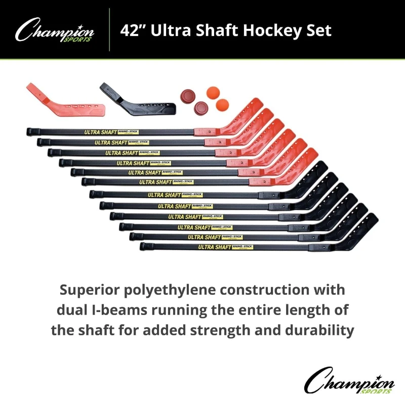 Champion Sports Ultra Shaft Hockey Set — 42"" Polyethylene Shafts with Reinforced Blades, 12-Stick Team Pack