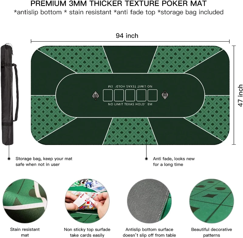 94 x 47 Inch Poker Mat — 10-Player Texas Hold'em Rubber Table Topper with Reinforced Sewn Edges, Folding Portable Layout and Carrying Bag