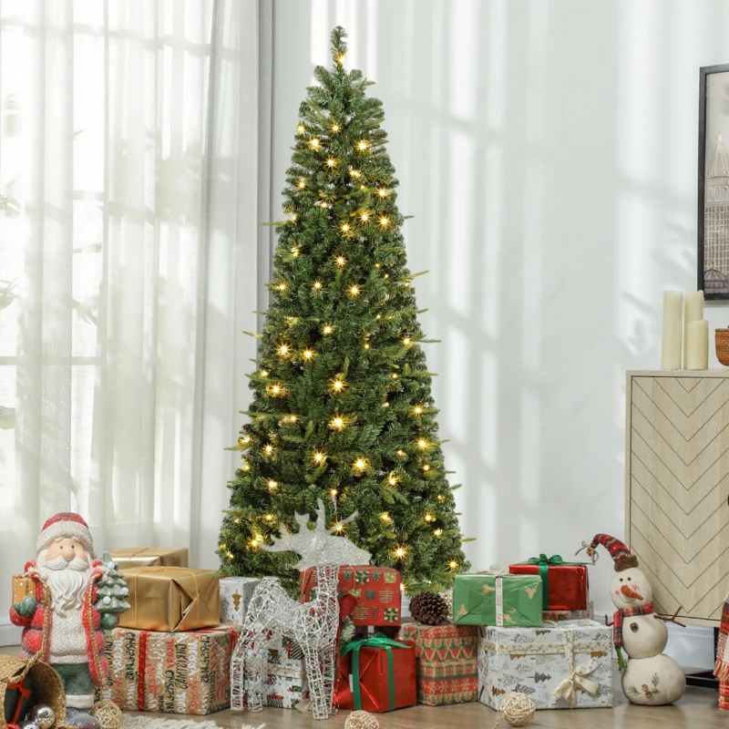 HOMCOM 7 ft Prelit Pop Up Christmas Tree, Collapsible Artificial Xmas Tree with Metal Stand for Holiday Decor, Green