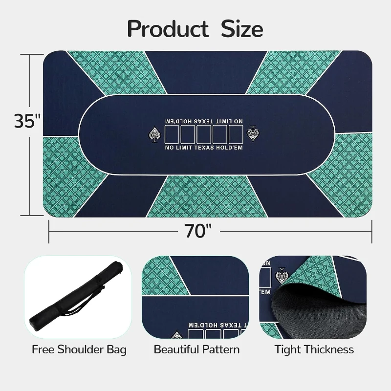 Waterproof Professional Poker Mat 70"" x 35"" - 8-Player Portable Rubber Texas Hold'em Table Top with Metal Zipper Tote for Cards, Blackjack and Casino Games