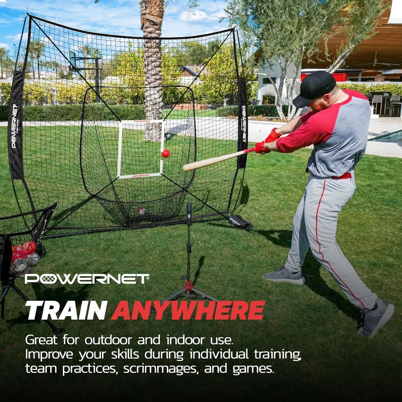 PowerNet 7x7 Baseball/Softball Training Kit with Tee, Weighted Balls, Strike Zone & Ball Caddy