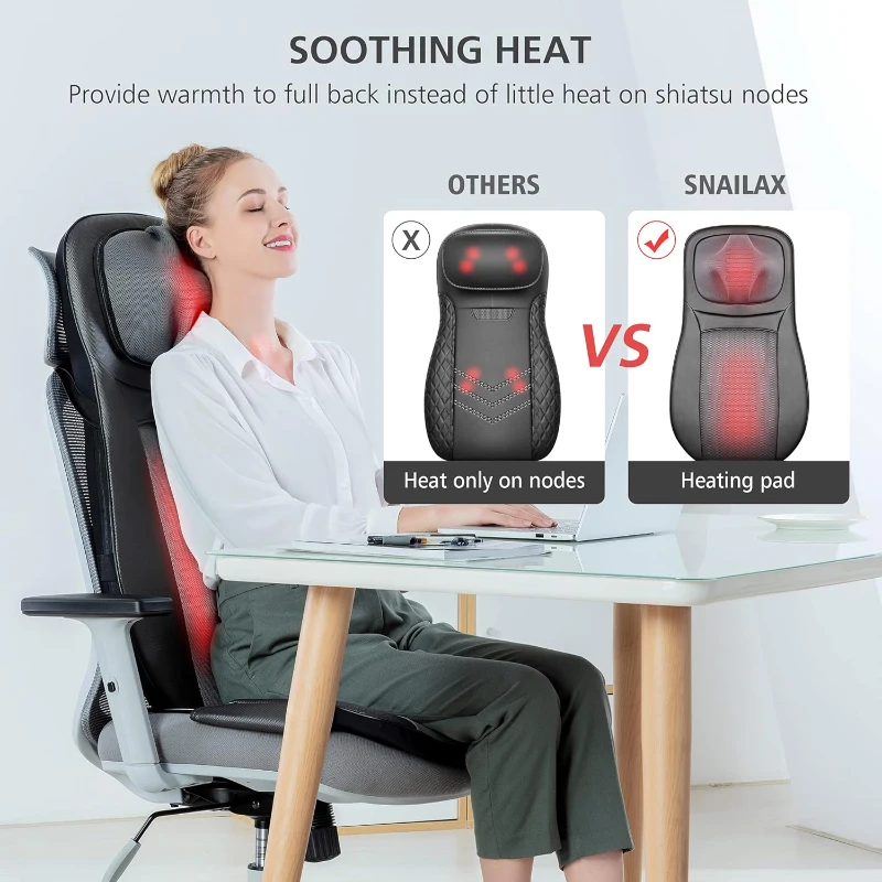 Snailax Shiatsu Neck & Back Massager with Heat — Full-Back Kneading and Rolling Massage Chair Pad with Height Adjustment