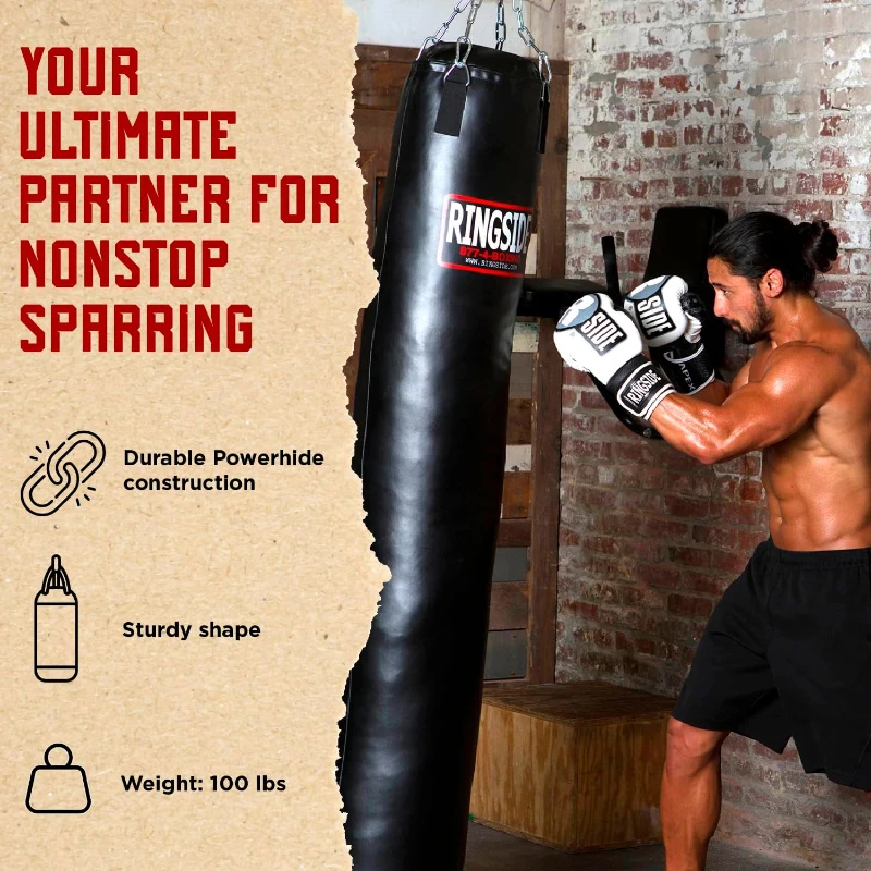 Ringside 100 lb Muay Thai Heavy Bag, Powerhide Punching Bag with Chain and Swivel, 72"" x 13"", Black