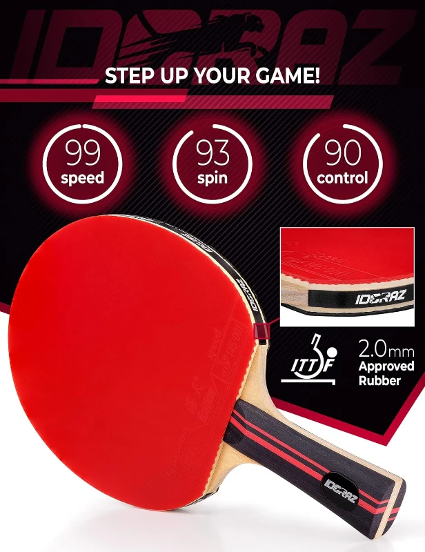 Professional Ping Pong Paddle by Idoraz - ITTF Approved Table Tennis Racket with Carrying Case, 2.00 mm Rubber - Speed 99, Spin 93, Control 90