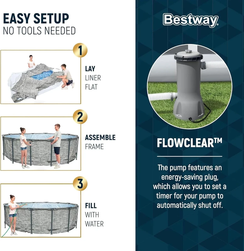 Bestway Steel Pro MAX 14-Foot x 48-Inch Round Above-Ground Pool Set with Metal Frame, Model 58388E Filter Pump, Ladder and Cover, Gray