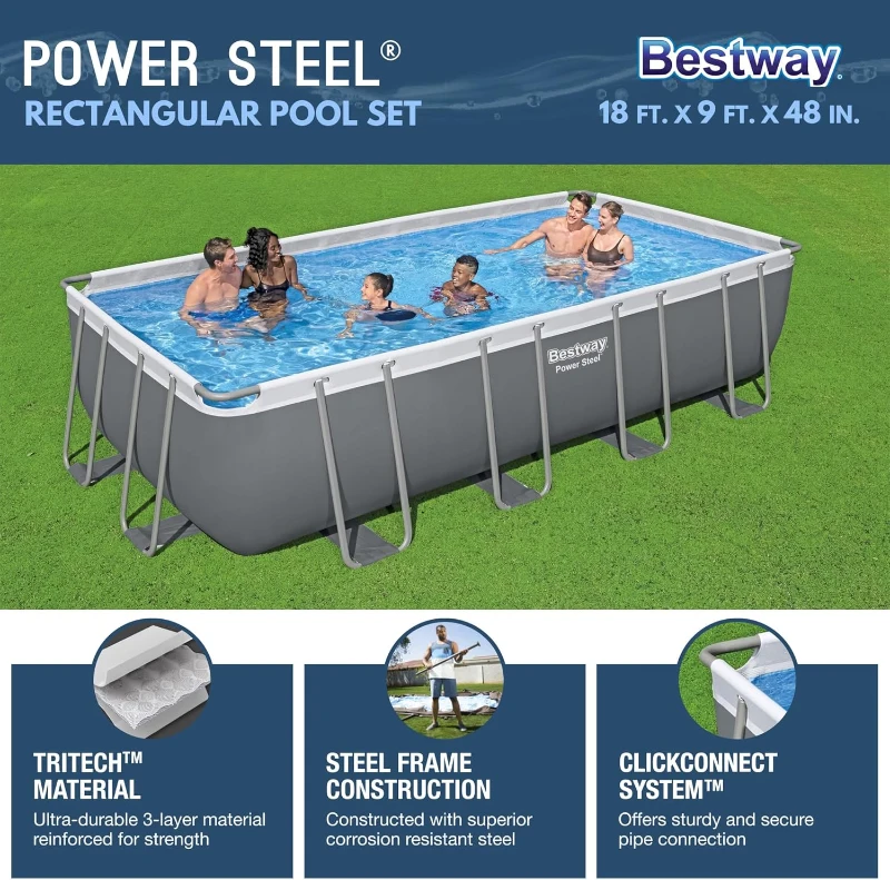 Bestway Power Steel Rectangular 18 ft x 9 ft x 48 in Metal Frame Above-Ground Pool Kit with 1,500 GPH Filter Pump, Ladder and Cover