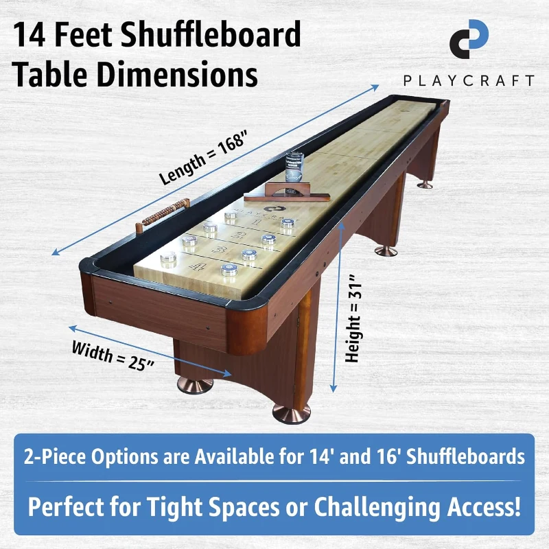 Playcraft Woodbridge Shuffleboard Table w/ In-Leg Storage Cabinet — Complete Set (Abacus, 8 Pucks, Brush & USA Speed Wax) — Pro-Style Climate Adjusters
