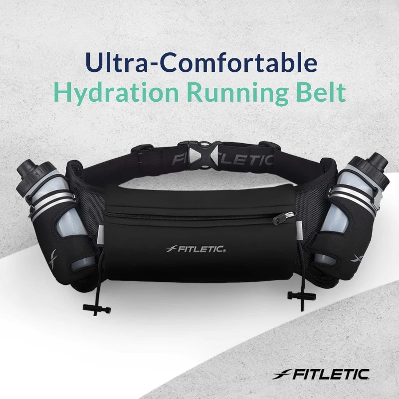 Fitletic Hydra 16 Hydration Running Belt for Men & Women with 2 x 8oz Quick-Flow Bottles — Patented Bounce-Free Neoprene Pouch Fits All Phones
