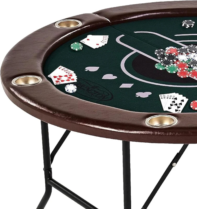 Barrington Round Portable Poker Table for 6 — Dark Green Velvet Play Surface, Faux-Leather Rails, Includes Chips, Cards and Dealing Shoe