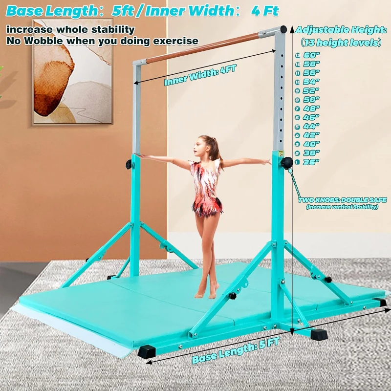 MARFULA Adjustable Gymnastics Kip Bar with Mat (5 ft) - Foldable, Height 36–60 in, 13 Levels, 6-Point Support for Kids & Teens