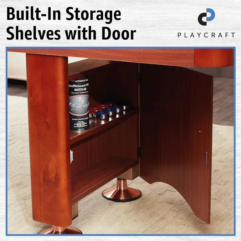 Playcraft Woodbridge Shuffleboard Table w/ In-Leg Storage Cabinet — Complete Set (Abacus, 8 Pucks, Brush & USA Speed Wax) — Pro-Style Climate Adjusters