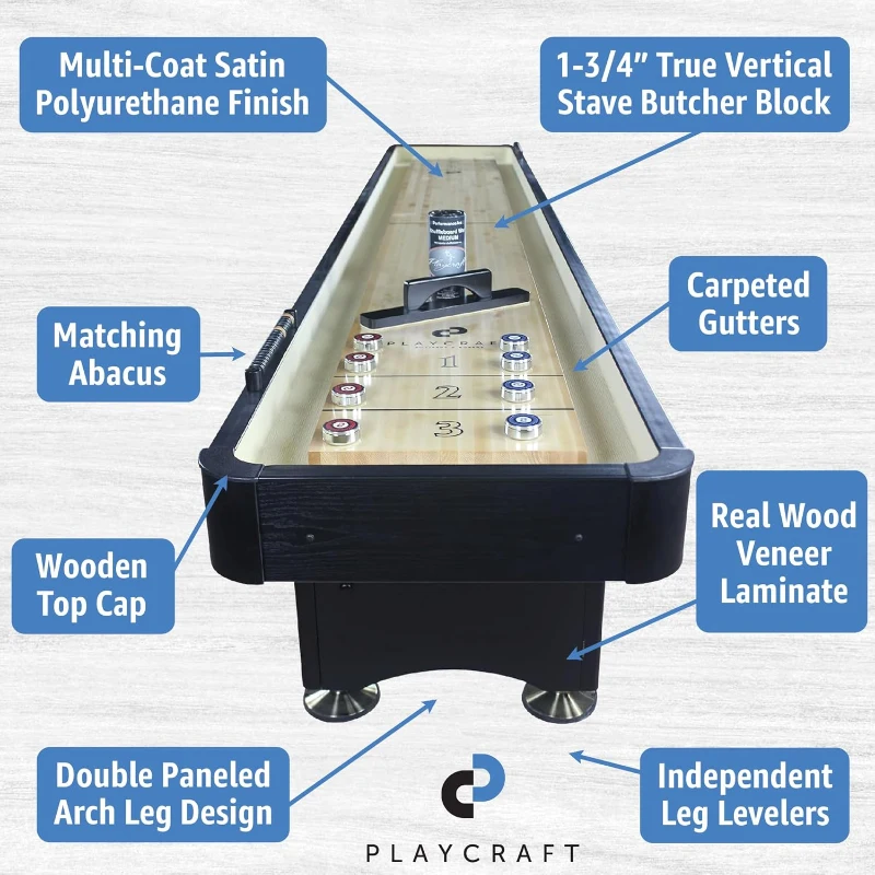 Playcraft Georgetown Shuffleboard Table with Built-In Storage Cabinet, Matching Abacus, 8 Pucks, Brush & Wax - Hand-Stained Burnished Finish with Pro Climate Adjusters