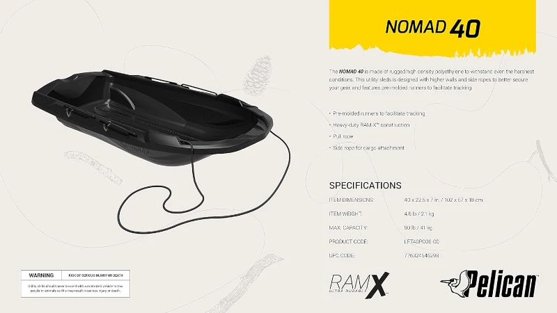 Pelican NOMAD 40 4-Season Sled — RAM-X Heavy-Duty Toboggan, 44 L Capacity (Up to 90 lb)