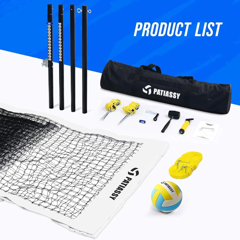 Patiassy Portable Volleyball Net — Heavy-Duty Professional Outdoor Set with Adjustable Powder-Coated Aluminum Telescoping Poles, Galvanized Winch Tension System, Steel Stakes, Anti-Sag Design, Pump & 1680D Carry Bag for Beach, Grass & Backyard
