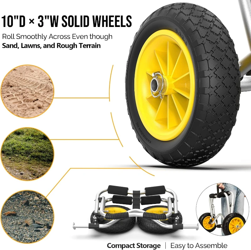 Bonnlo Foldable Kayak Cart Dolly — Canoe & Paddleboard Trolley with No-Flat Airless Wheels and Two Ratchet Straps