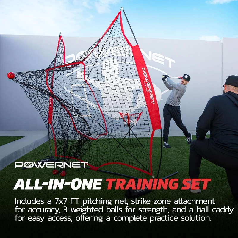 PowerNet 7x7 Deluxe Training Kit (Red) — Pitching Net with Ball Caddy, 3 Weighted Balls & Strike Zone