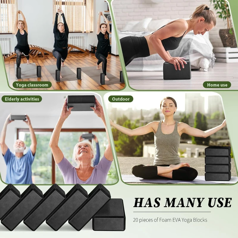 20-Pack EVA Foam Yoga Blocks – Lightweight Non-Slip Support Bricks for Pilates, Stretching and Meditation (Black)