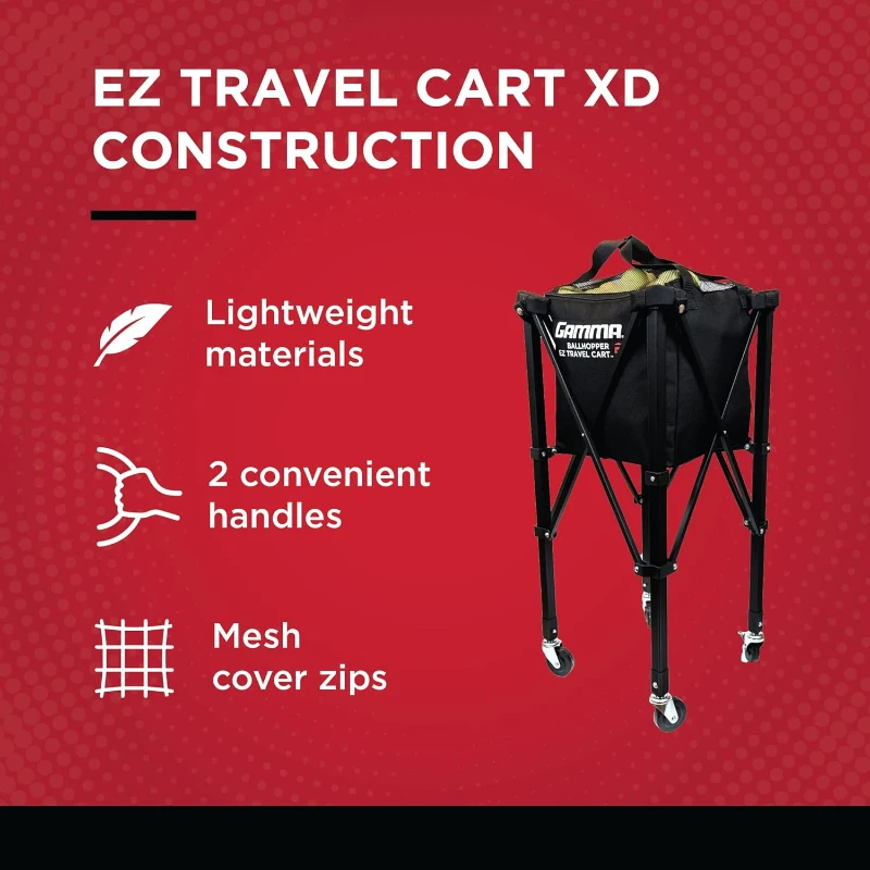 GAMMA Sports EZ Travel Cart – Portable Tennis, Pickleball & Padel Ball Hopper with Foldable Compact Design, Lightweight Durable Frame, Compatible EZ Bags, 150 or 250-Ball Capacity, Premium Carrying Case Included