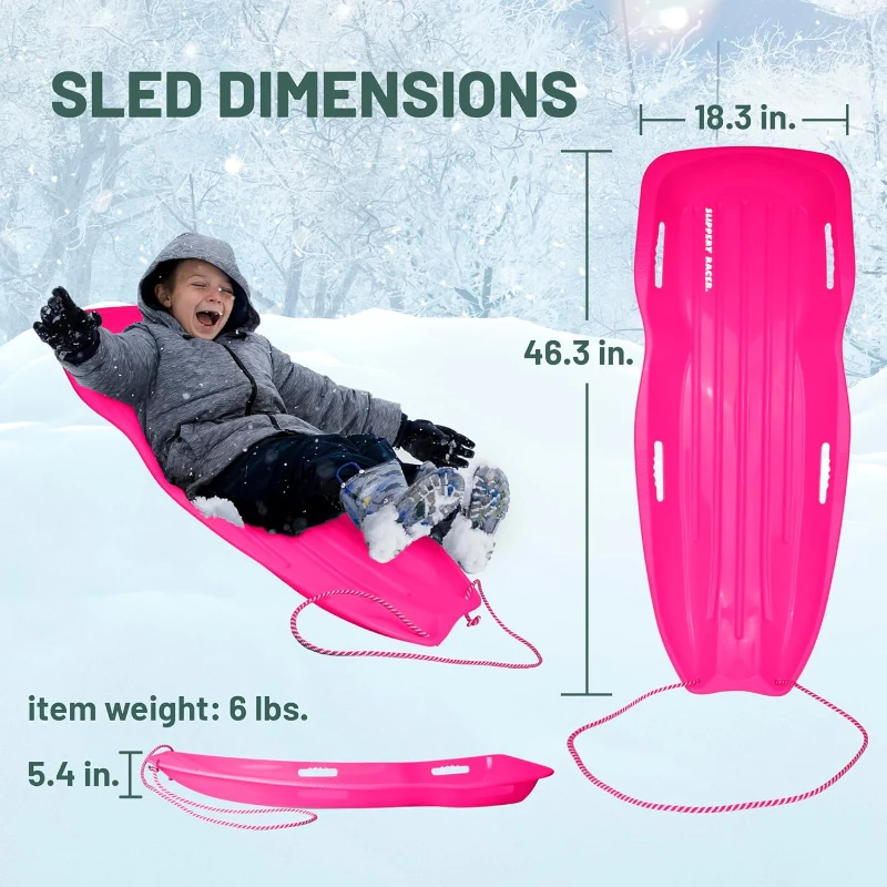 Slippery Racer Downhill Xtreme Flexible Plastic Toboggan Sled for Adults & Kids — Fits Up to 2 Riders with Pull Rope and Handles