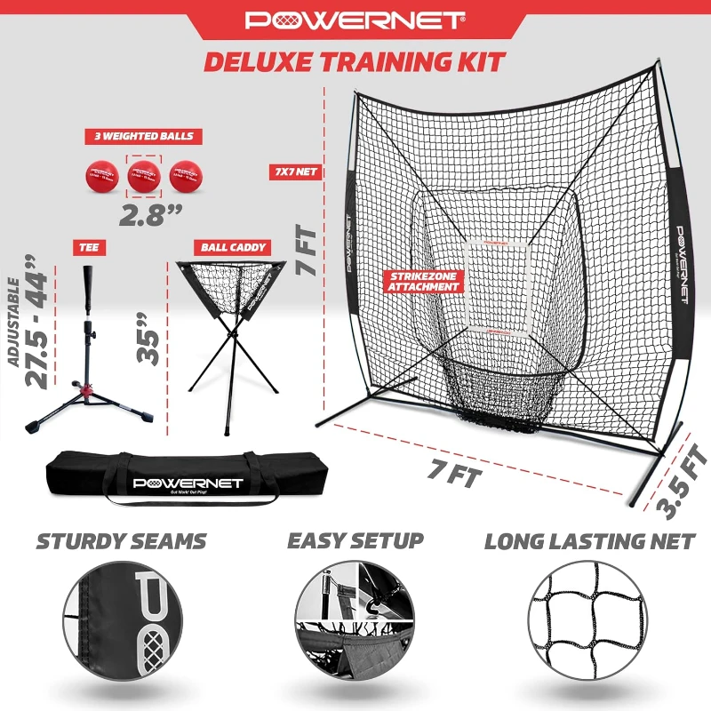 PowerNet 7x7 Baseball/Softball Training Kit with Tee, Weighted Balls, Strike Zone & Ball Caddy
