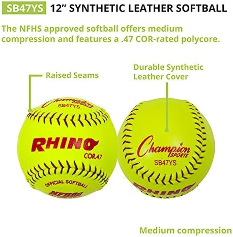 Champion Sports® 12"" NFHS-Approved Optic Yellow Syntex Softballs – Dozen, Raised Seams, .47 Polycore, Medium Compression
