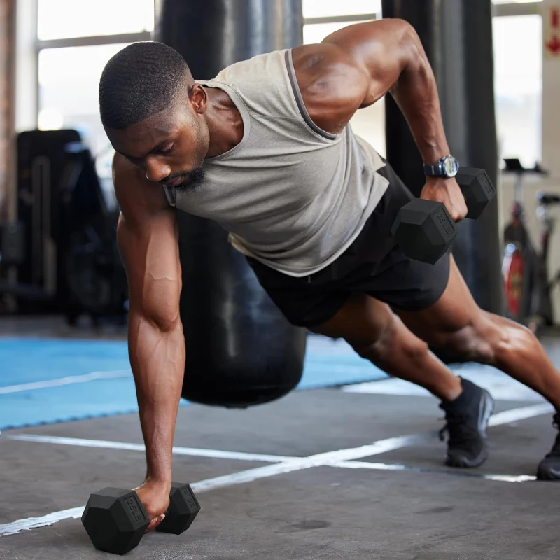 RitFit Rubber-Encased Hex Dumbbell Set (350 lb Total) with 6-Tier Rack — Coated Hand Weights for Home Gym Training