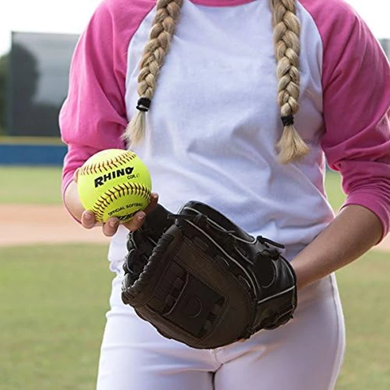 Champion Sports® Optic Yellow Leather Softballs – Dozen, .47 Polycore, Medium Compression, Raised Seams