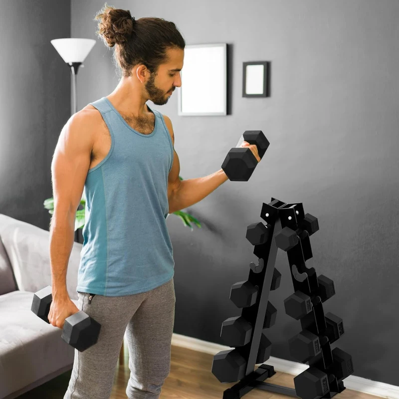 RitFit Rubber-Encased Hex Dumbbell Set (350 lb Total) with 6-Tier Rack — Coated Hand Weights for Home Gym Training