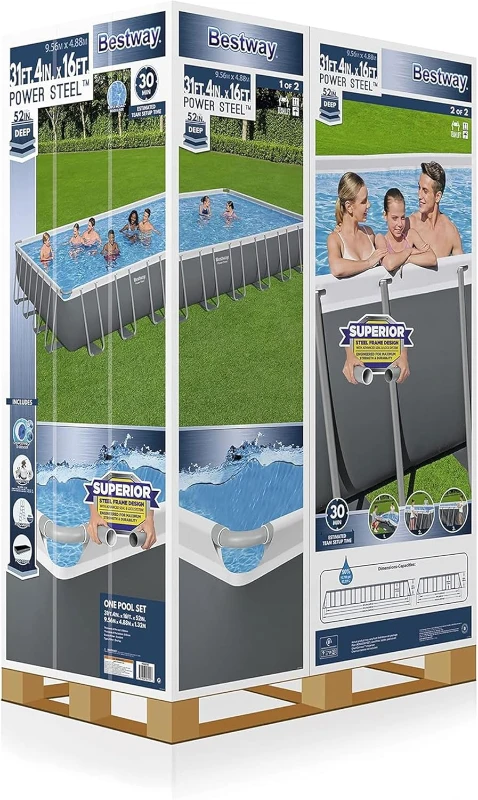 Bestway Power Steel 31 ft 4 in x 16 ft x 52 in Rectangular Metal Frame Above-Ground Pool Kit with 2,200 GPH Sand Filter, Ladder and Cover - Grey