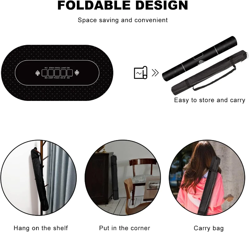 YUZPKRSI 70 x 35 Inch Poker Mat — 8-Player Texas Hold'em Rubber Table Topper, Folding Portable Layout with Carrying Bag for Poker, Blackjack, Casino