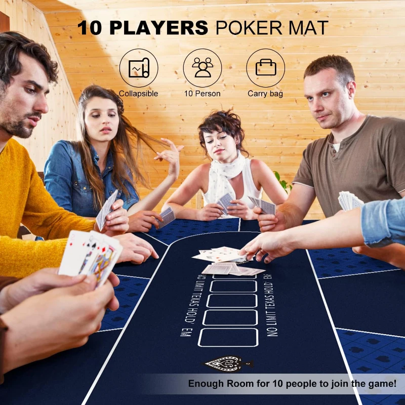 70 x 35 Inch Blue Poker Mat — 6-8 Player Texas Hold'em Rubber Topper with Carrying Bag, Portable Folding Poker Table Top