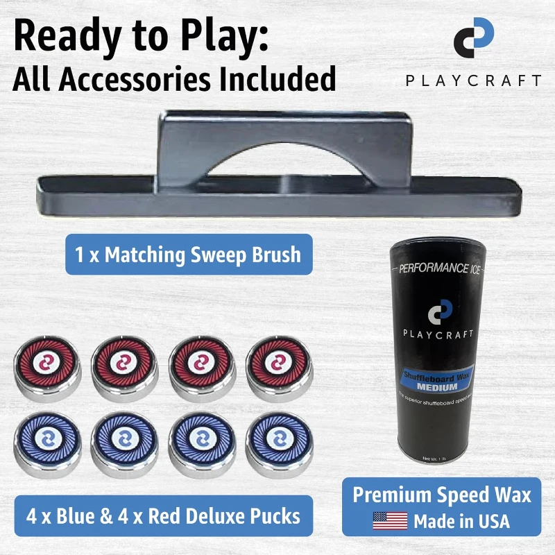 Playcraft Woodbridge Shuffleboard with Storage Cabinet — Complete Set (Abacus, 8 Pucks, Brush & USA Speed Wax) — Robust Pro Climate Adjusters