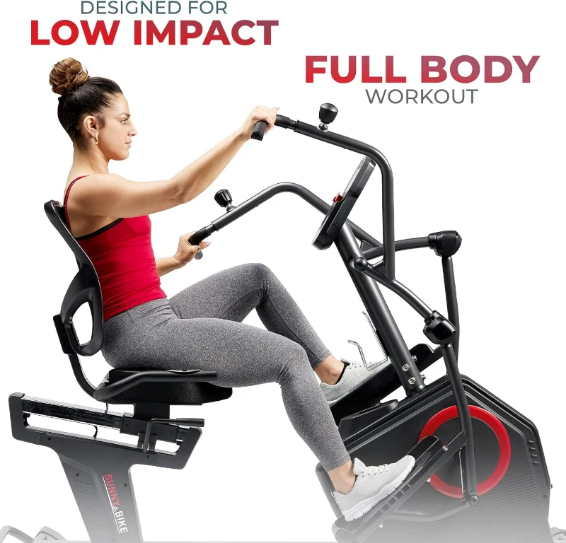 Sunny Health & Fitness Elite Recumbent Cross Trainer — Recumbent Elliptical with Arm Exercisers, Easy-Adjust Seat & Mesh Backrest, Electromagnetic Resistance, Bluetooth & SunnyFit App