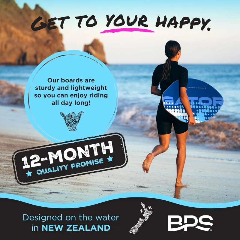 BPS New Zealand 'Gator' Wooden Skimboard with Colored EVA Traction Pad and High-Gloss Clear Coat – For Kids & Adults, Choice of 3 Sizes and Pad Colors