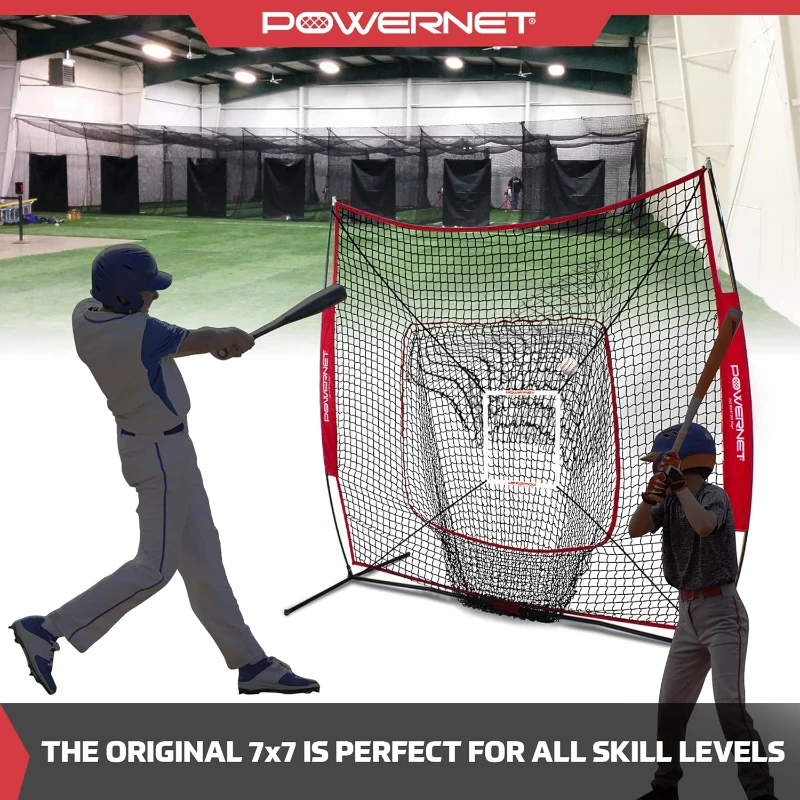 PowerNet 7x7 Baseball/Softball Practice Net Kit with Accessories - Ball Caddy, Weighted Ball & Tee
