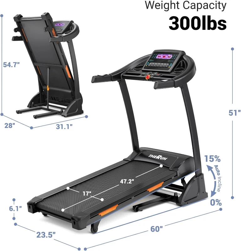 THERUN Foldable Incline Treadmill for Running & Walking, 300 lb Capacity, 0–15% Auto Incline, 17"" x 47.2"" Wide Belt, 3.5HP Dual Motor, App & Heart Rate