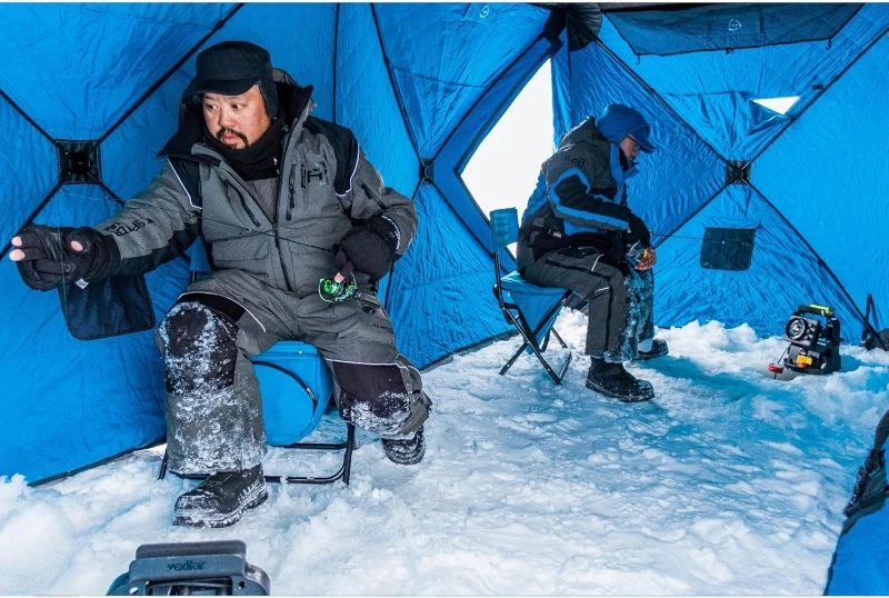 CLAM Double-Hub Portable Ice Fishing Thermal Shelter with Anchors, Tie Ropes and Carry Bag
