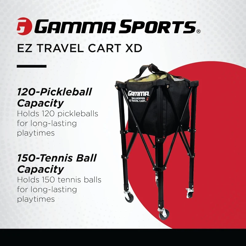 GAMMA Sports EZ Travel Cart – Portable Tennis, Pickleball & Padel Ball Hopper with Foldable Compact Design, Lightweight Durable Frame, Compatible EZ Bags, 150 or 250-Ball Capacity, Premium Carrying Case Included