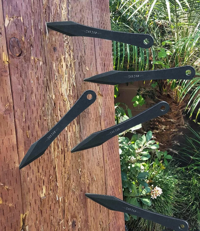 JXE JXO 9.4-inch Stainless Steel No-Spin Throwing Spikes Set with Nylon Belt Sheath – Solid Full-Tang 420HC