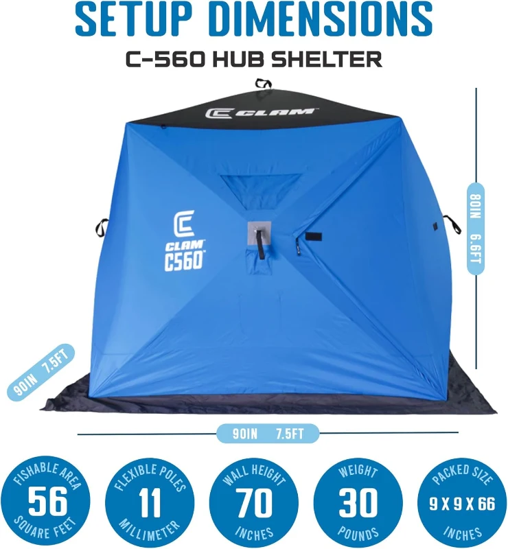 CLAM 14476 C-560 7.5 ft Lightweight Pop-Up Hub Shelter - Portable 3-4 Person Ice Fishing Tent with Anchors and Carrying Bag