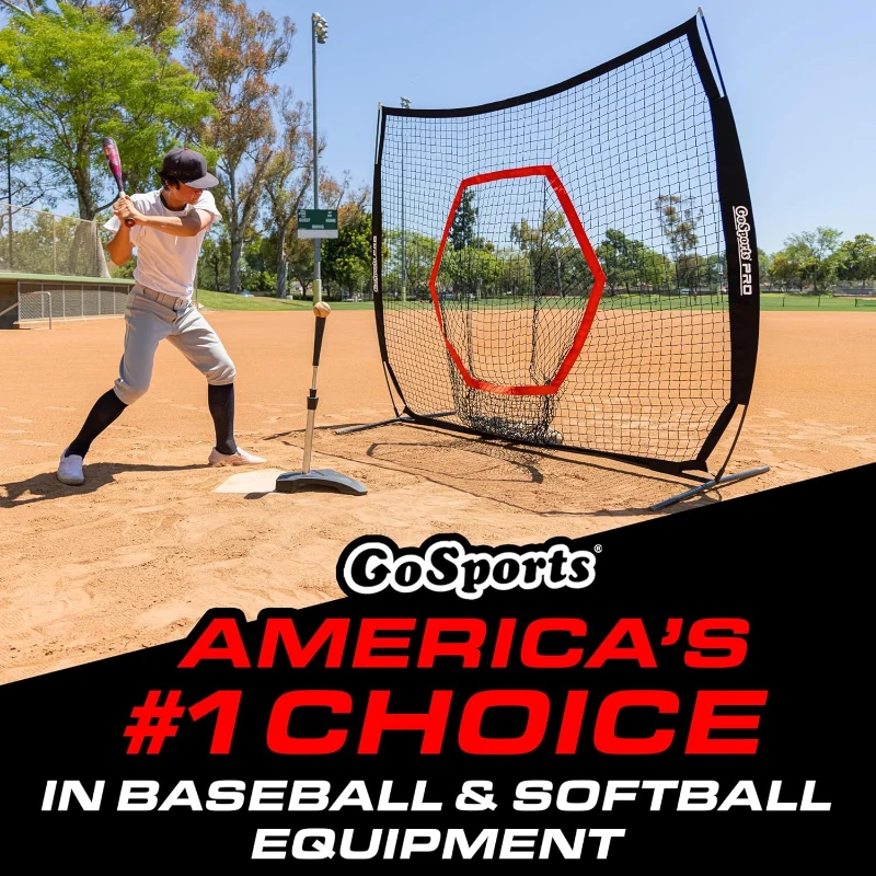 GoSports 7' x 7' Baseball & Softball Net — Red, Black or PRO Version with Bow Frame, Carry Bag & Strike Zone (All Skill Levels)