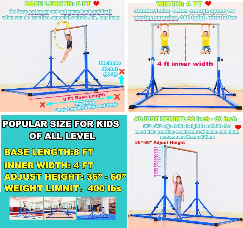 Marfula Foldable Gymnastics Kip Bar for Kids & Teens (Ages 3-25) - 5Ft/8Ft Base Length, 4Ft Width, 5Ft Adjustable Height - Portable Home and Club Training Bar
