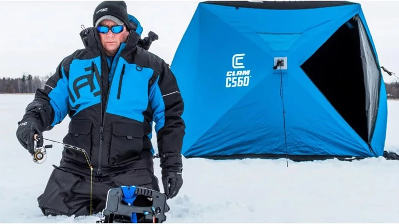 CLAM 14476 C-560 7.5 ft Lightweight Pop-Up Hub Shelter - Portable 3-4 Person Ice Fishing Tent with Anchors and Carrying Bag