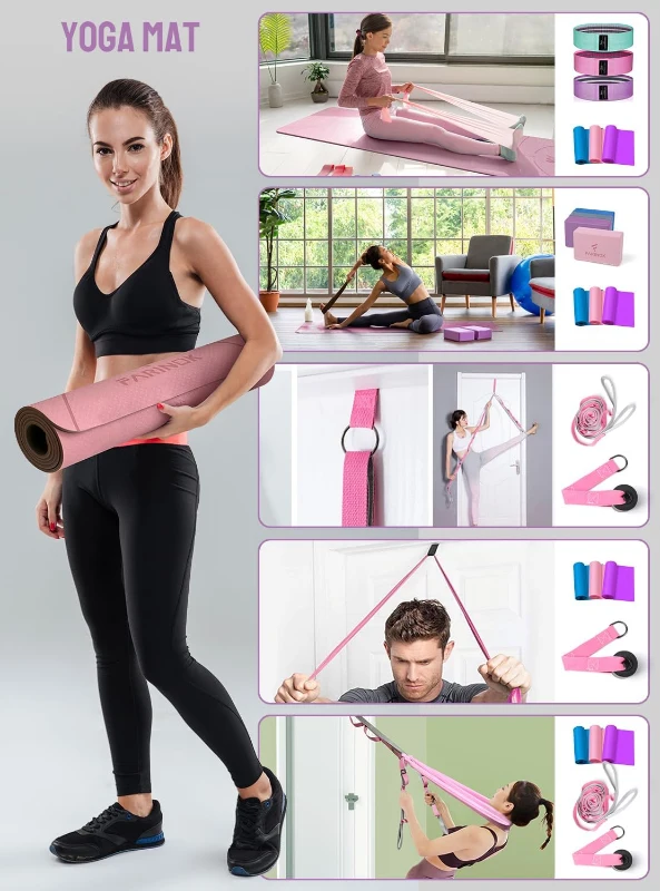 Thick 8mm High-Density Yoga Mat Set for Beginners – Multi-Loop Strap, Blocks, Resistance Bands, Door Anchor, Booty Bands & Carry Bag